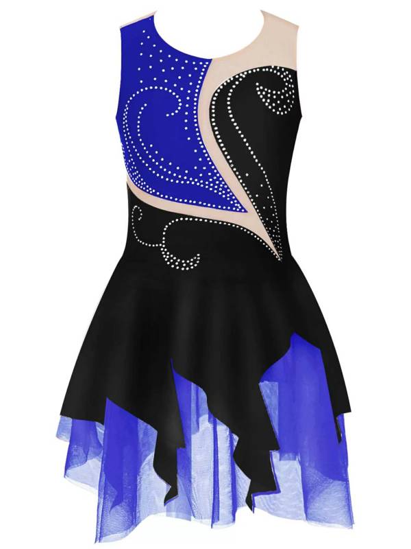 Kids Girls Sleeveless Colorblock Rhinestone Skating Dance Dress thumb