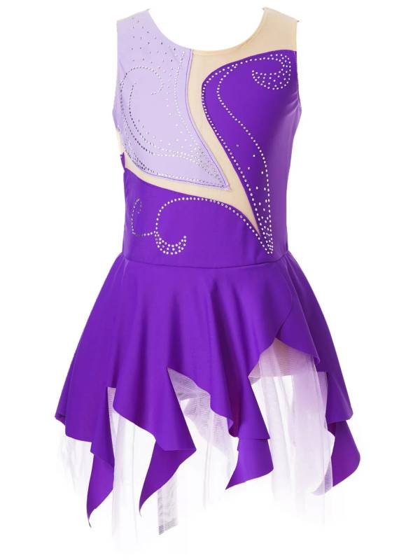 Kids Girls Sleeveless Colorblock Rhinestone Skating Dance Dress thumb