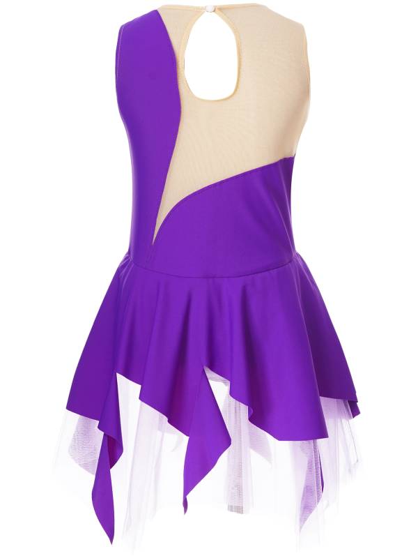 Kids Girls Sleeveless Colorblock Rhinestone Skating Dance Dress thumb