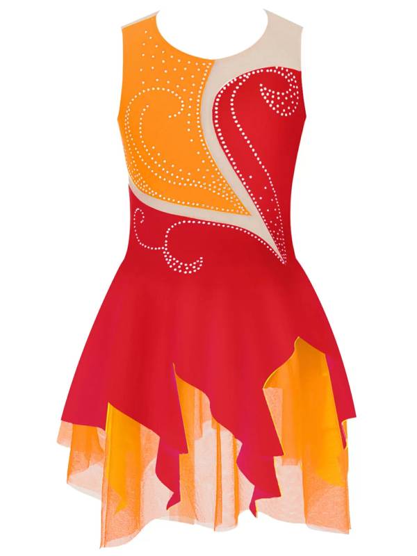 Kids Girls Sleeveless Colorblock Rhinestone Skating Dance Dress thumb