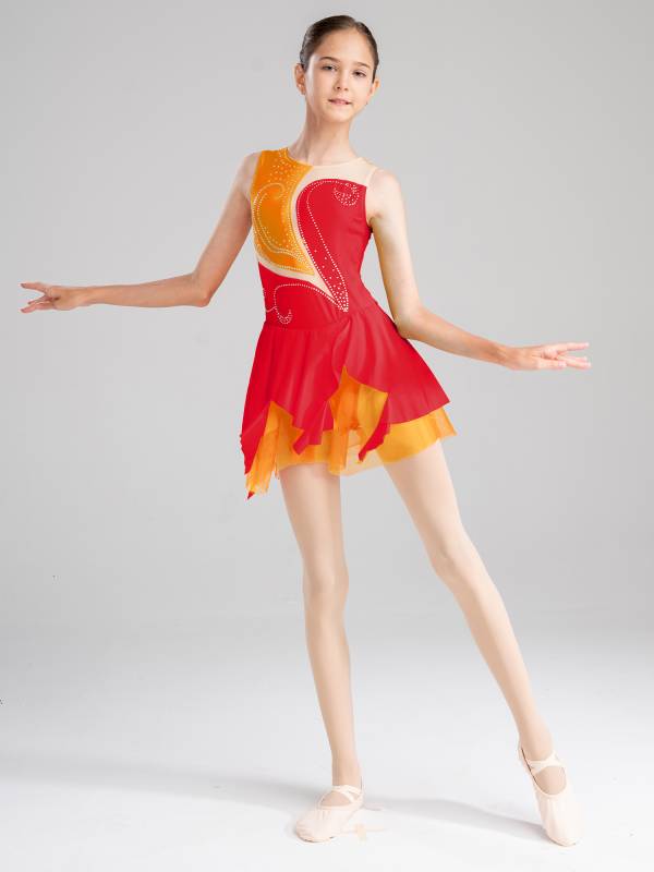 Kids Girls Sleeveless Colorblock Rhinestone Skating Dance Dress thumb