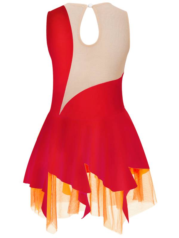 Kids Girls Sleeveless Colorblock Rhinestone Skating Dance Dress thumb