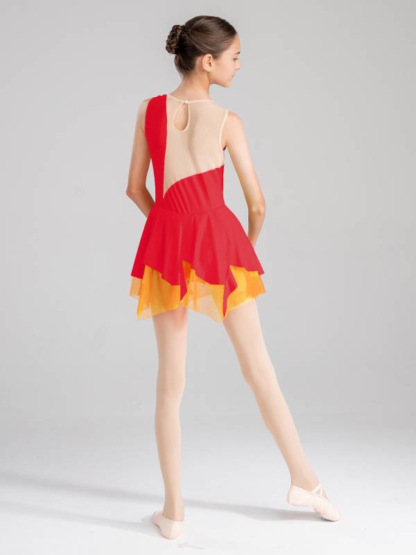 Kids Girls Sleeveless Colorblock Rhinestone Skating Dance Dress thumb