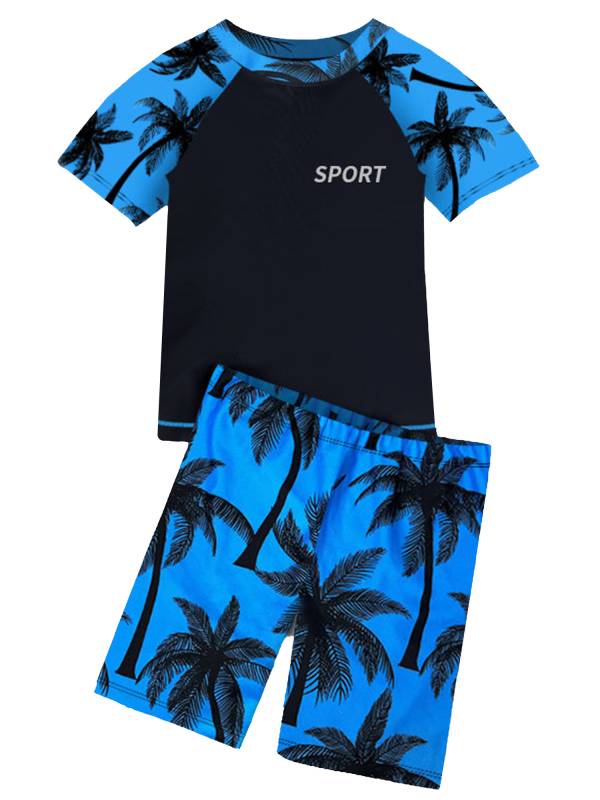 Kids Boys Two Pieces Short Sleeve Palm Leaf Rash Guard Set thumb