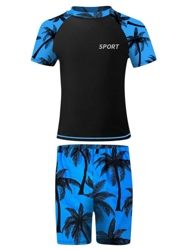 Kids Boys Two Pieces Short Sleeve Palm Leaf Rash Guard Set thumb
