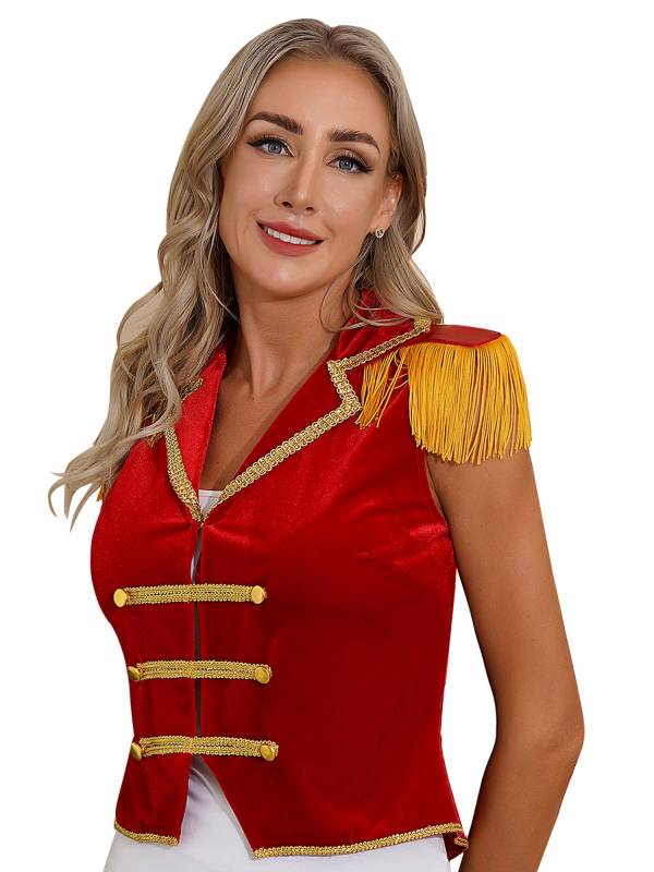 Women Sleeveless Tassels Velvet Circus Ringmaster Waistcoat thumb