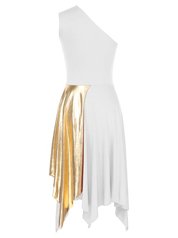 Women One Shoulder Metallic Sleeveless Worship Praise Dance Dress thumb