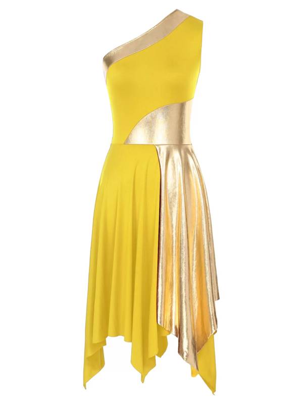 Women One Shoulder Metallic Sleeveless Worship Praise Dance Dress thumb