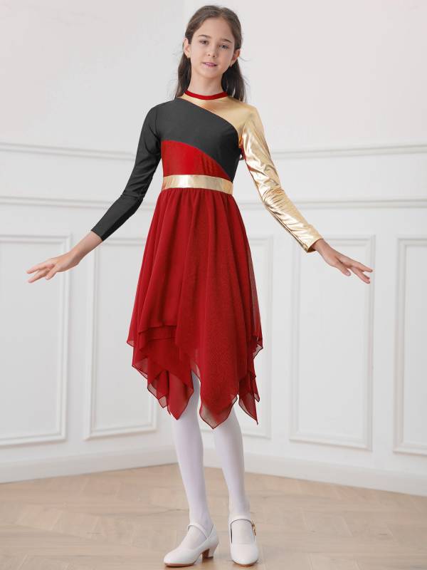 Kids Girls Long Sleeve Praise Dance Dress(not include petticoat) thumb