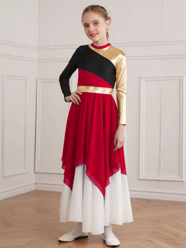 Kids Girls Long Sleeve Praise Dance Dress(not include petticoat) thumb