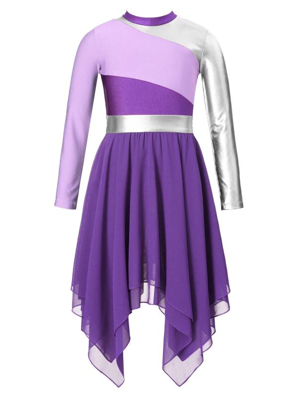 Kids Girls Long Sleeve Praise Dance Dress(not include petticoat) thumb
