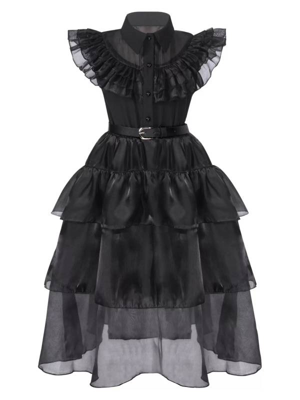 Kids Girls Wednesday Addams Black Flounce Mesh Dress for Holloween thumb