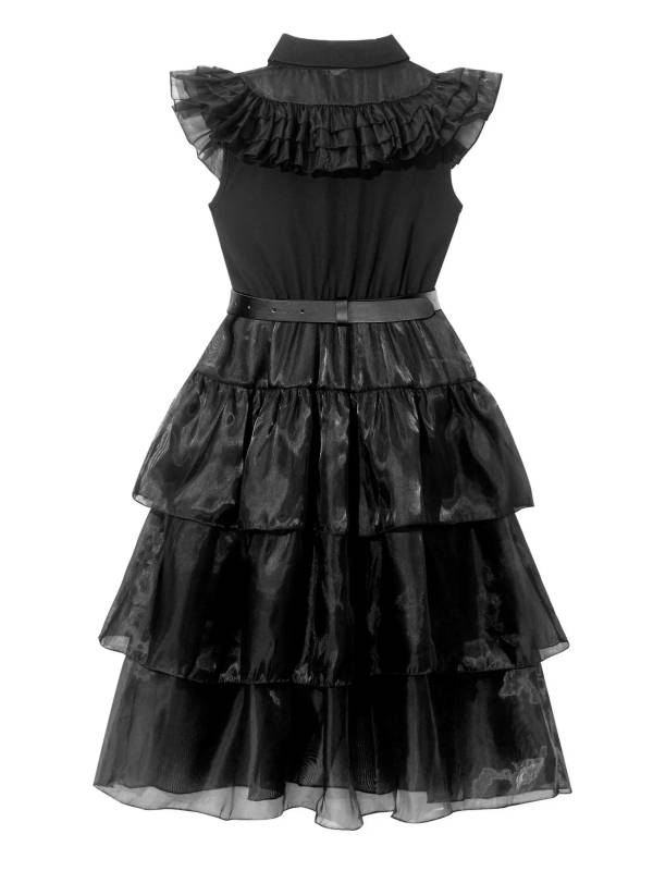 Kids Girls Wednesday Addams Black Flounce Mesh Dress for Holloween thumb