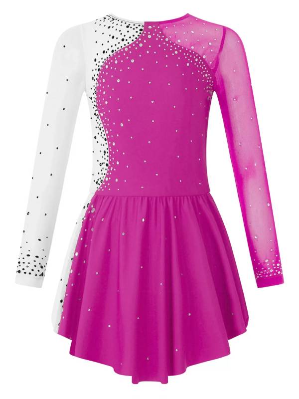 Kids Girls Shiny Rhinestone Colorblock Skating Dance Dress thumb