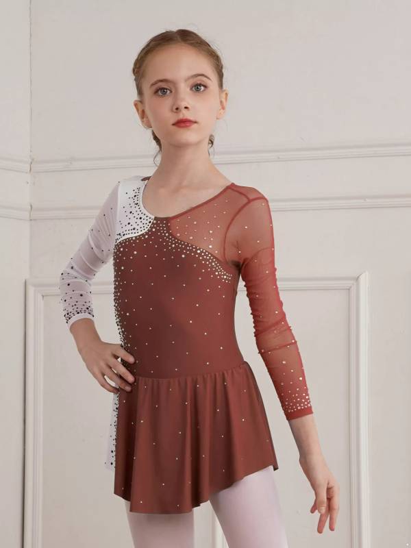 Kids Girls Shiny Rhinestone Colorblock Skating Dance Dress thumb