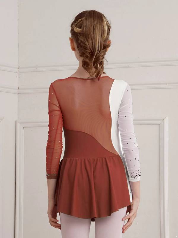 Kids Girls Shiny Rhinestone Colorblock Skating Dance Dress thumb