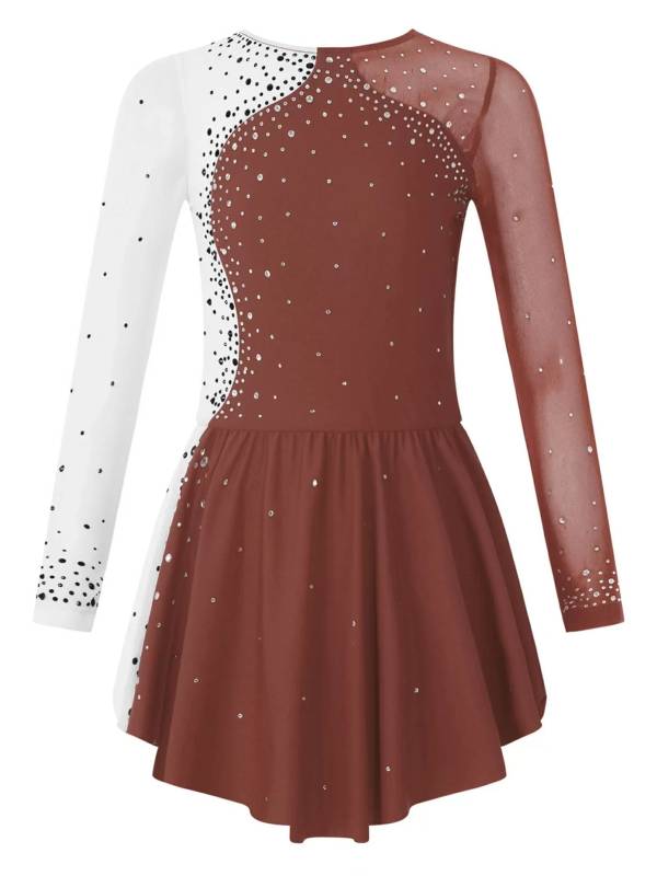 Kids Girls Shiny Rhinestone Colorblock Skating Dance Dress thumb