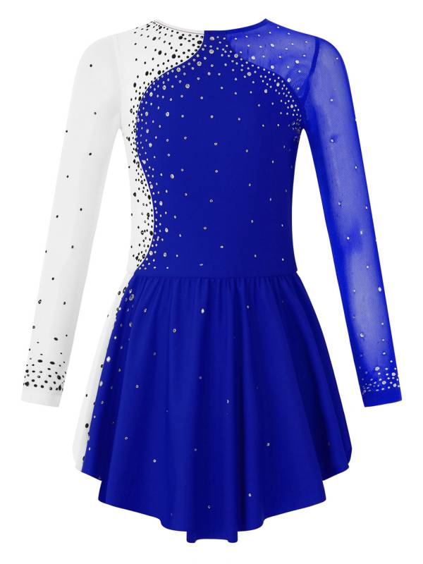 Kids Girls Shiny Rhinestone Colorblock Skating Dance Dress thumb