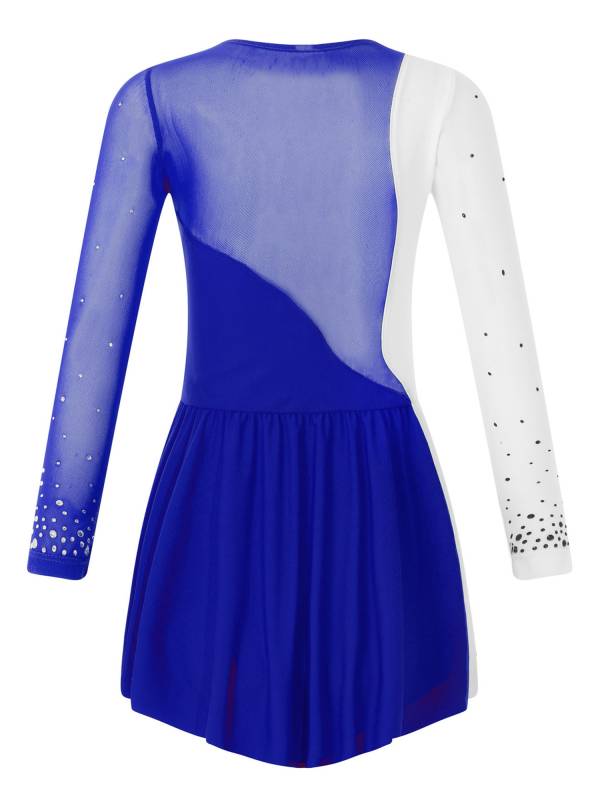 Kids Girls Shiny Rhinestone Colorblock Skating Dance Dress thumb