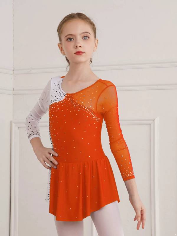 Kids Girls Shiny Rhinestone Colorblock Skating Dance Dress thumb