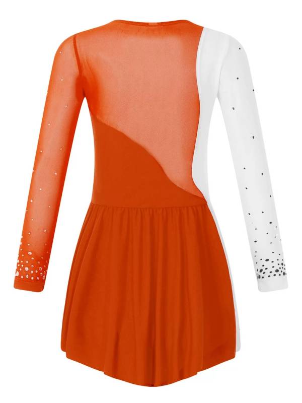 Kids Girls Shiny Rhinestone Colorblock Skating Dance Dress thumb