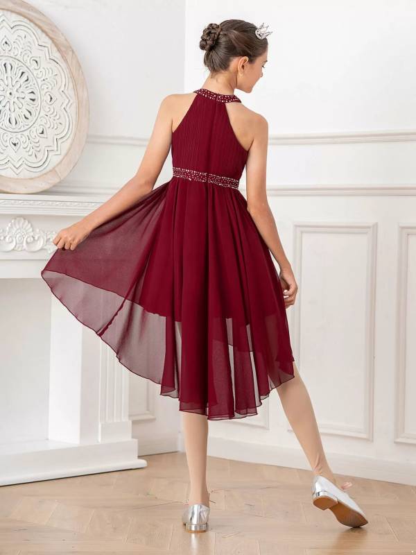Kids Girls Rhinestone High-Low Skirt Chiffon Party Dress thumb