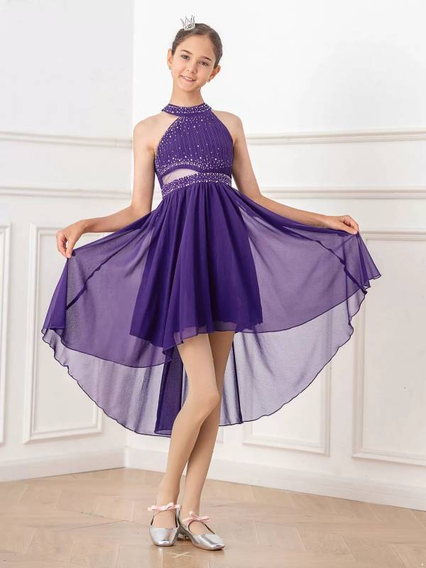 Kids Girls Rhinestone High-Low Skirt Chiffon Party Dress thumb