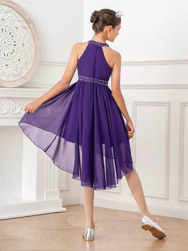 Kids Girls Rhinestone High-Low Skirt Chiffon Party Dress thumb