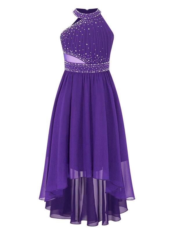 Kids Girls Rhinestone High-Low Skirt Chiffon Party Dress thumb