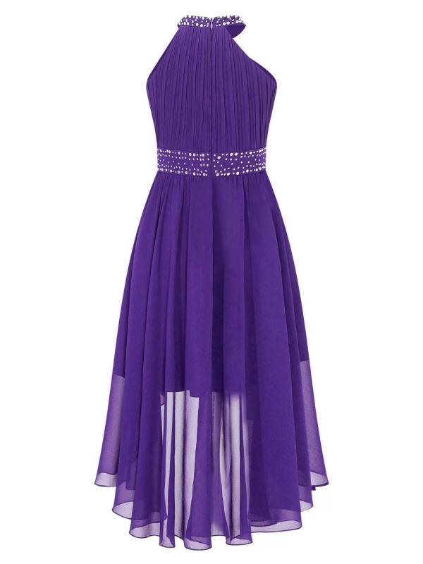 Kids Girls Rhinestone High-Low Skirt Chiffon Party Dress thumb