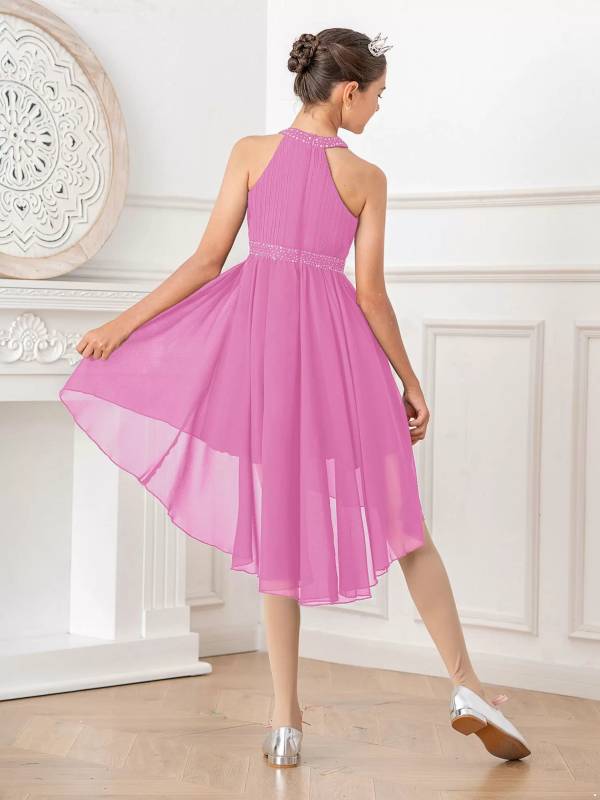 Kids Girls Rhinestone High-Low Skirt Chiffon Party Dress thumb