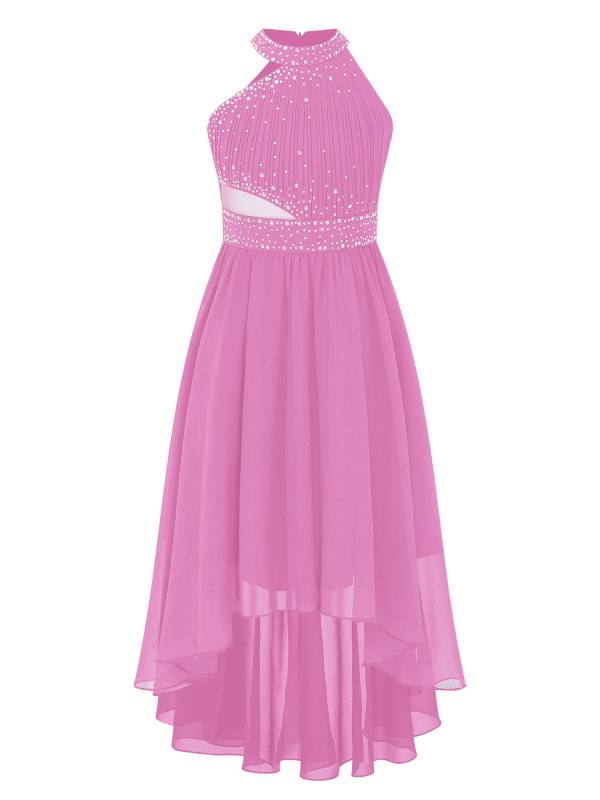 Kids Girls Rhinestone High-Low Skirt Chiffon Party Dress thumb