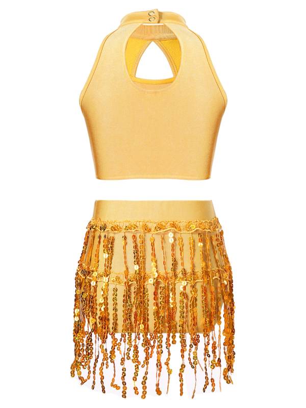 Kids Girls 2pcs Sequin and Tassel Jazz Dance Cop Top and Shorts Set thumb