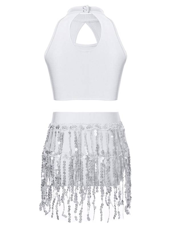 Kids Girls 2pcs Sequin and Tassel Jazz Dance Cop Top and Shorts Set thumb