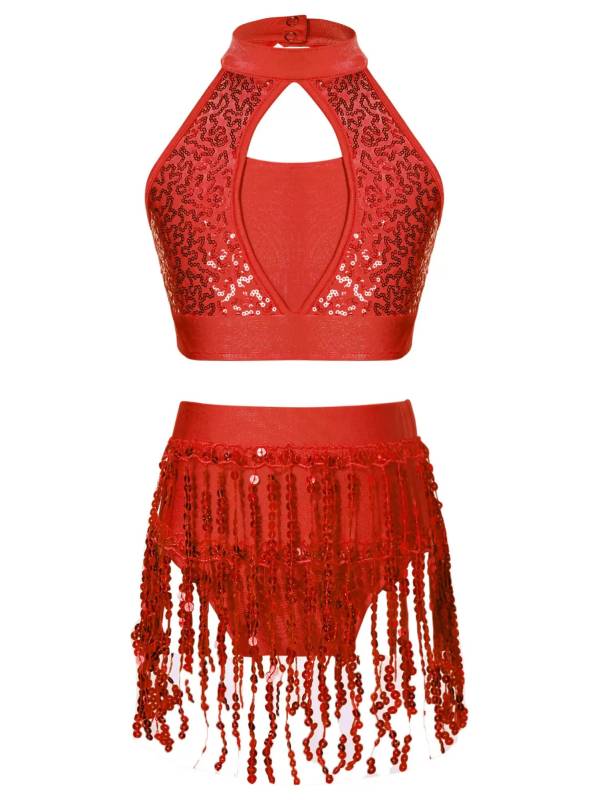 Kids Girls 2pcs Sequin and Tassel Jazz Dance Cop Top and Shorts Set thumb