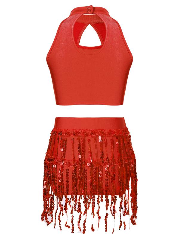 Kids Girls 2pcs Sequin and Tassel Jazz Dance Cop Top and Shorts Set thumb