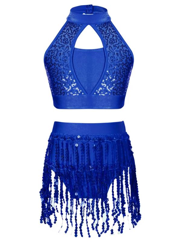 Kids Girls 2pcs Sequin and Tassel Jazz Dance Cop Top and Shorts Set thumb