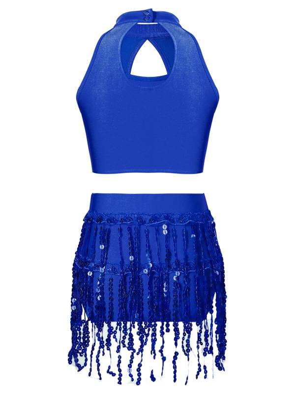 Kids Girls 2pcs Sequin and Tassel Jazz Dance Cop Top and Shorts Set thumb