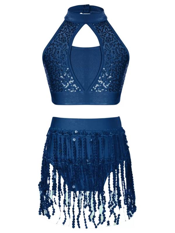 Kids Girls 2pcs Sequin and Tassel Jazz Dance Cop Top and Shorts Set thumb