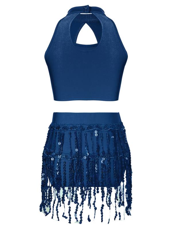 Kids Girls 2pcs Sequin and Tassel Jazz Dance Cop Top and Shorts Set thumb