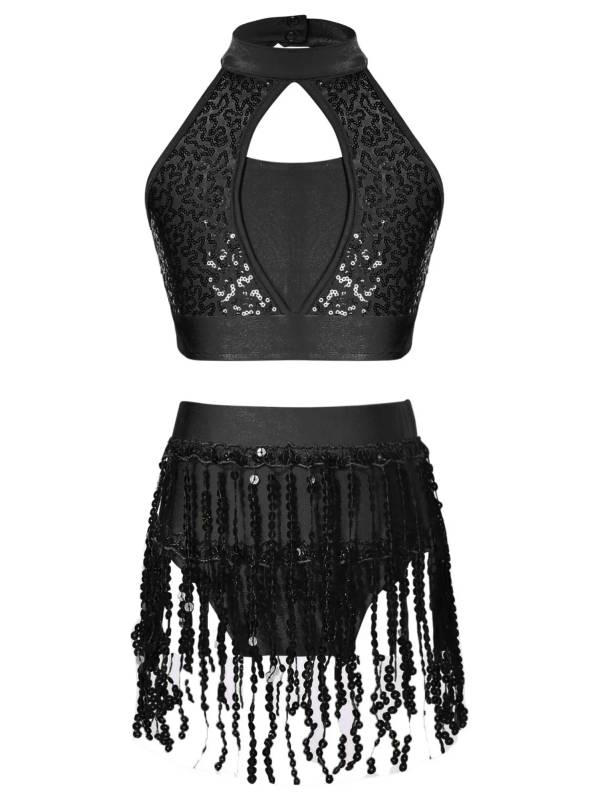Kids Girls 2pcs Sequin and Tassel Jazz Dance Cop Top and Shorts Set thumb