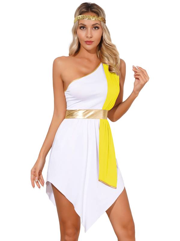 Women One Shoulder Greek Goddess Cosplay Dresses With Headband thumb