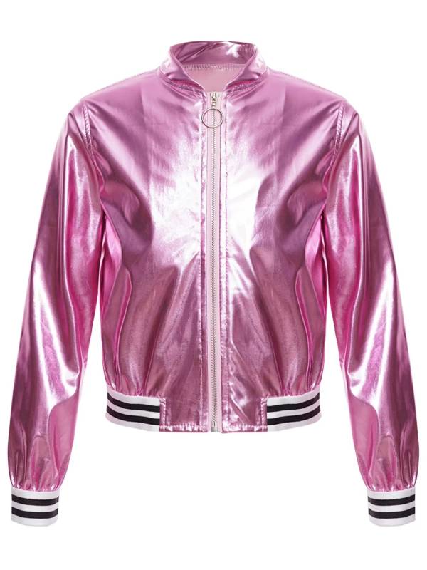 Kids Girls Glossy Long Sleeve Zipper Jacket Coat thumb