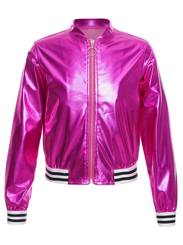 Kids Girls Glossy Long Sleeve Zipper Jacket Coat thumb
