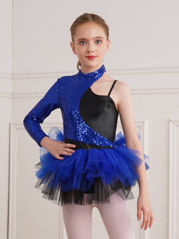 Kids Girls Sequin Asymmetrical Sleeves Ballet Dance Leotard Tutu Dress thumb