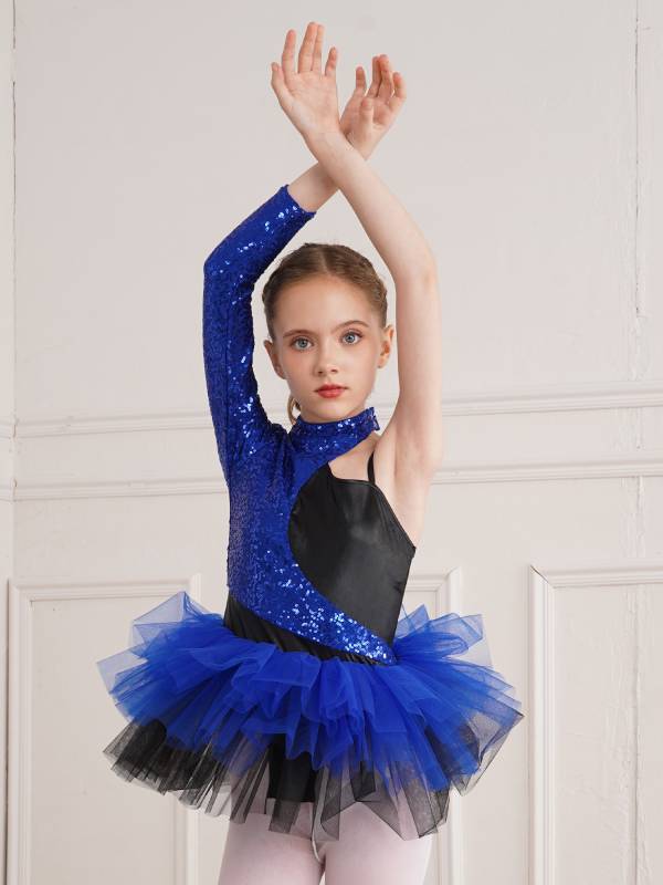 Kids Girls Sequin Asymmetrical Sleeves Ballet Dance Leotard Tutu Dress thumb