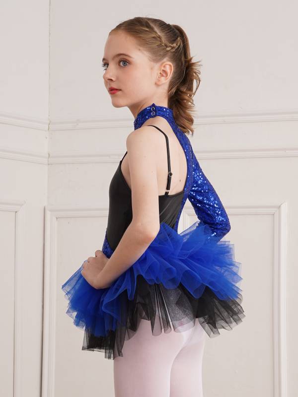 Kids Girls Sequin Asymmetrical Sleeves Ballet Dance Leotard Tutu Dress thumb