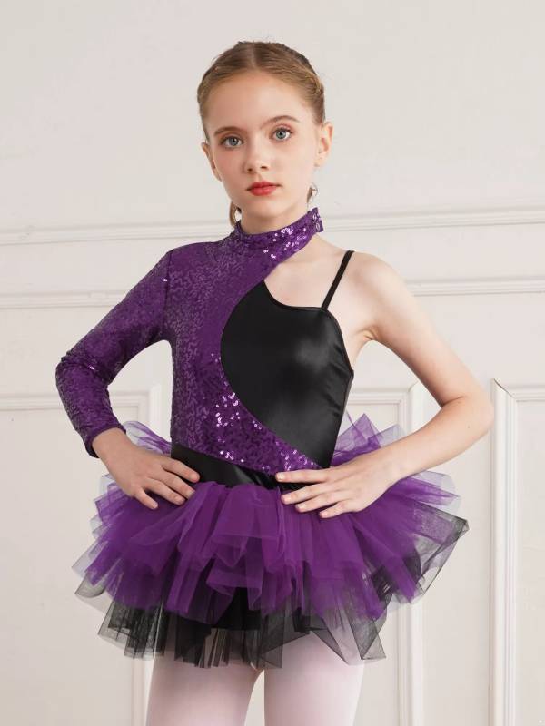 Kids Girls Sequin Asymmetrical Sleeves Ballet Dance Leotard Tutu Dress thumb