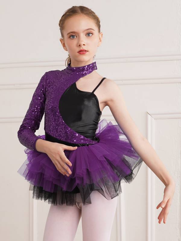 Kids Girls Sequin Asymmetrical Sleeves Ballet Dance Leotard Tutu Dress thumb