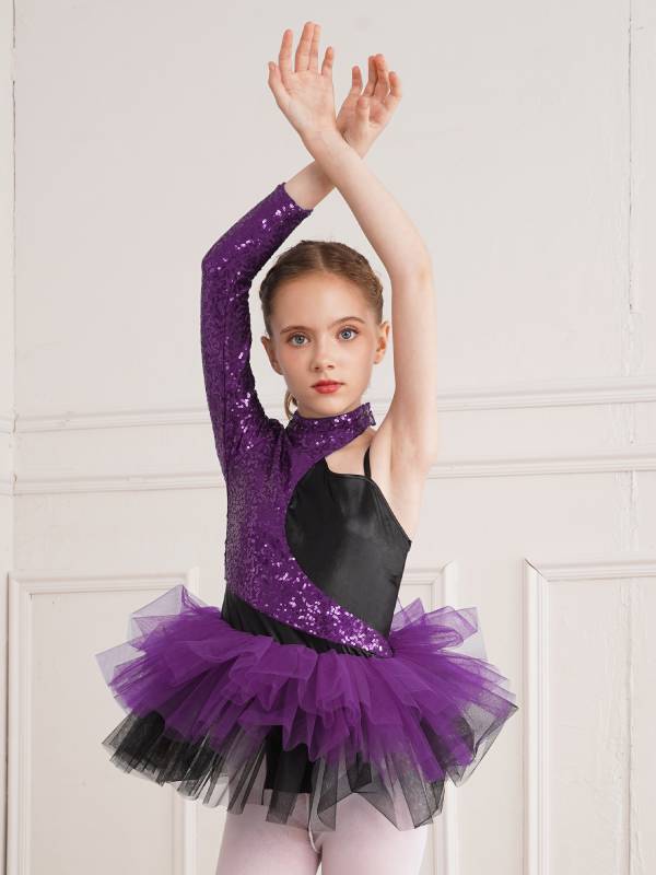 Kids Girls Sequin Asymmetrical Sleeves Ballet Dance Leotard Tutu Dress thumb